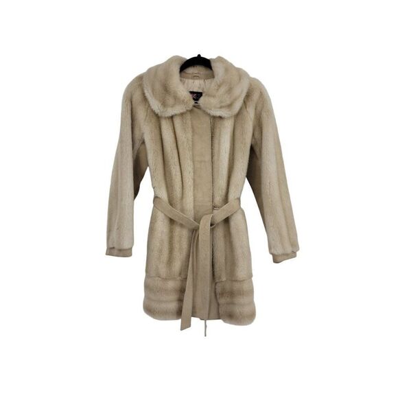 Rare Vtg 60's Lilli Ann Faux Fur Genuine Leather Accents Belted Coat Tan Sz S